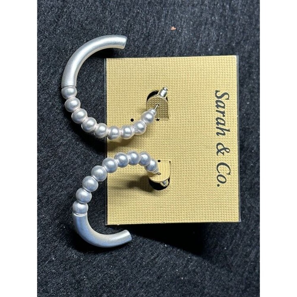 Sarah & Co Silver Tone Textured Bead Half Hoop Earrings Boho Statement Style New